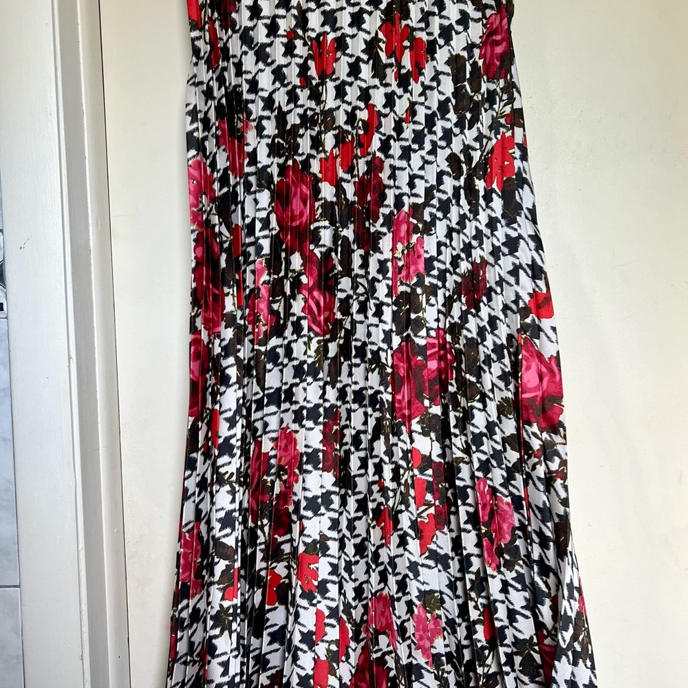 Zara Black and White Midi Skirt with Red Floral Design